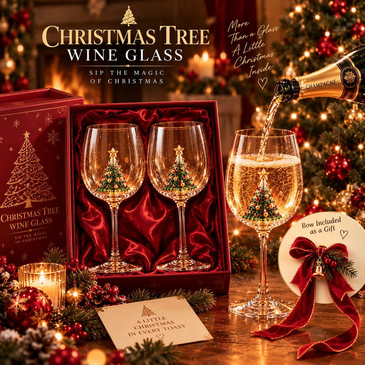 ❤️ LOVED BY 90,000+ PEOPLE! Christmas Tree Wine Glass Set of 2 — Festive Holiday Glasses with Gift Box & Velvet Bow