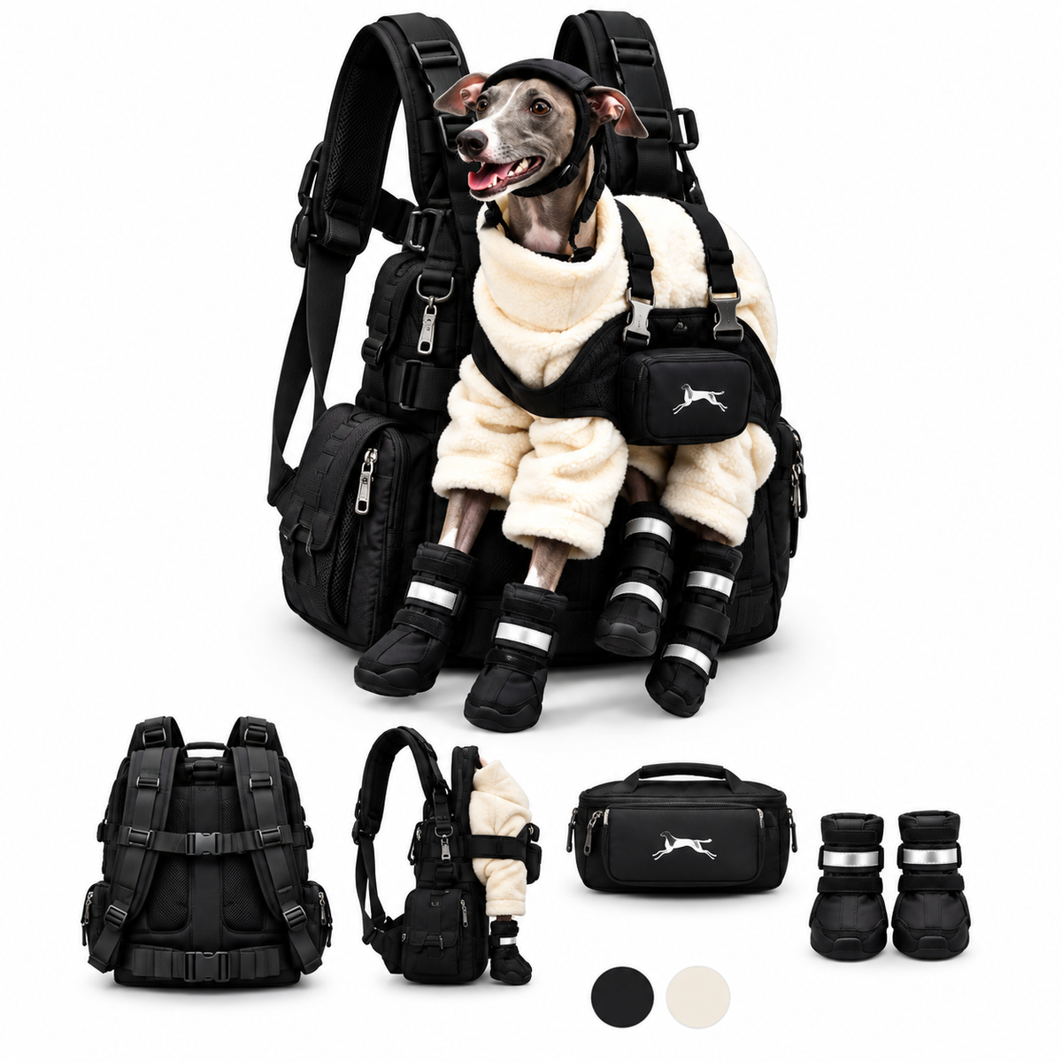 🐕🎒 All-Season Greyhound Carrier Backpack – Removable Warm Fleece, Breathable Mesh & Multi-Pocket Storage