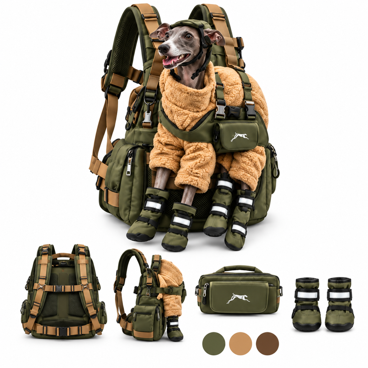 🐕🎒 All-Season Greyhound Carrier Backpack – Removable Warm Fleece, Breathable Mesh & Multi-Pocket Storage