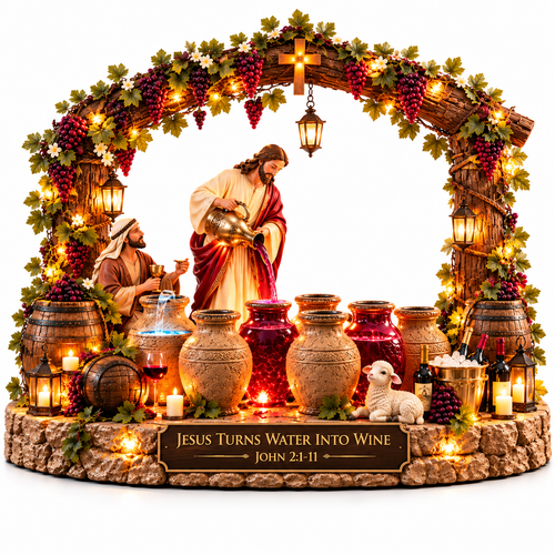 ❤️🍷 Loved by Over 60,000 People!Jesus Turns Water Into Wine – Illuminated Miracle of Cana Tabletop Display