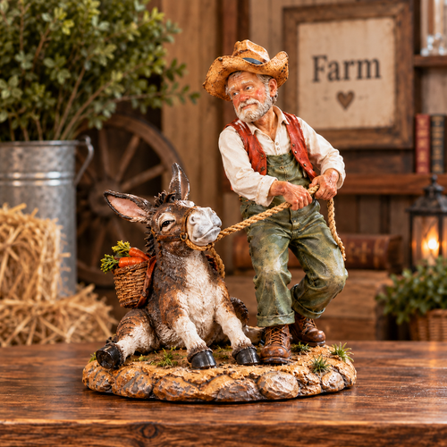 🤠Who's Really in Charge? – Funny Farmer & Stubborn Donkey Farmhouse Figurine