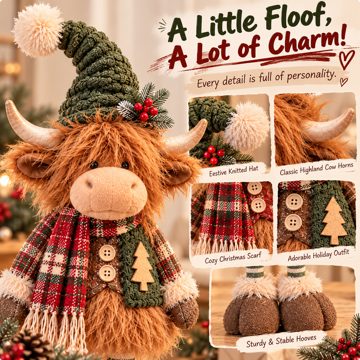 🎄 Highland Cow Christmas Plush Decor – Adjustable Long Legs, Adorable Farmhouse Holiday Decoration 🐮