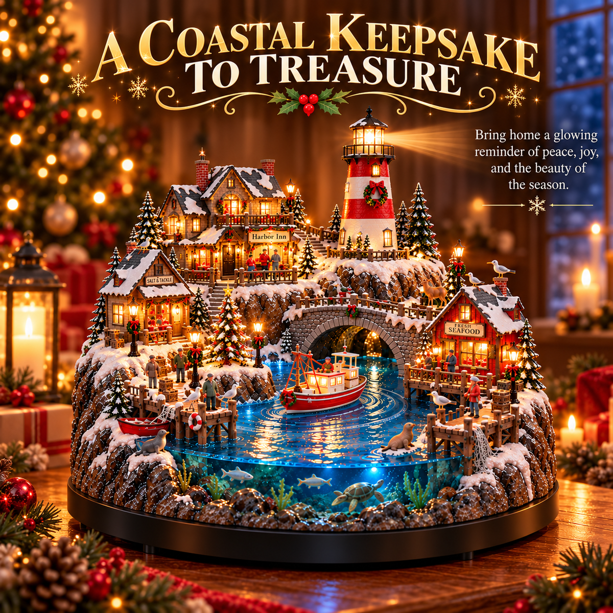 🔥 LAST DAY 50% OFF 🔥🎄 Christmas by the Sea™ – Lighted Harbor Village with Lighthouse & Fishing Boat ✨