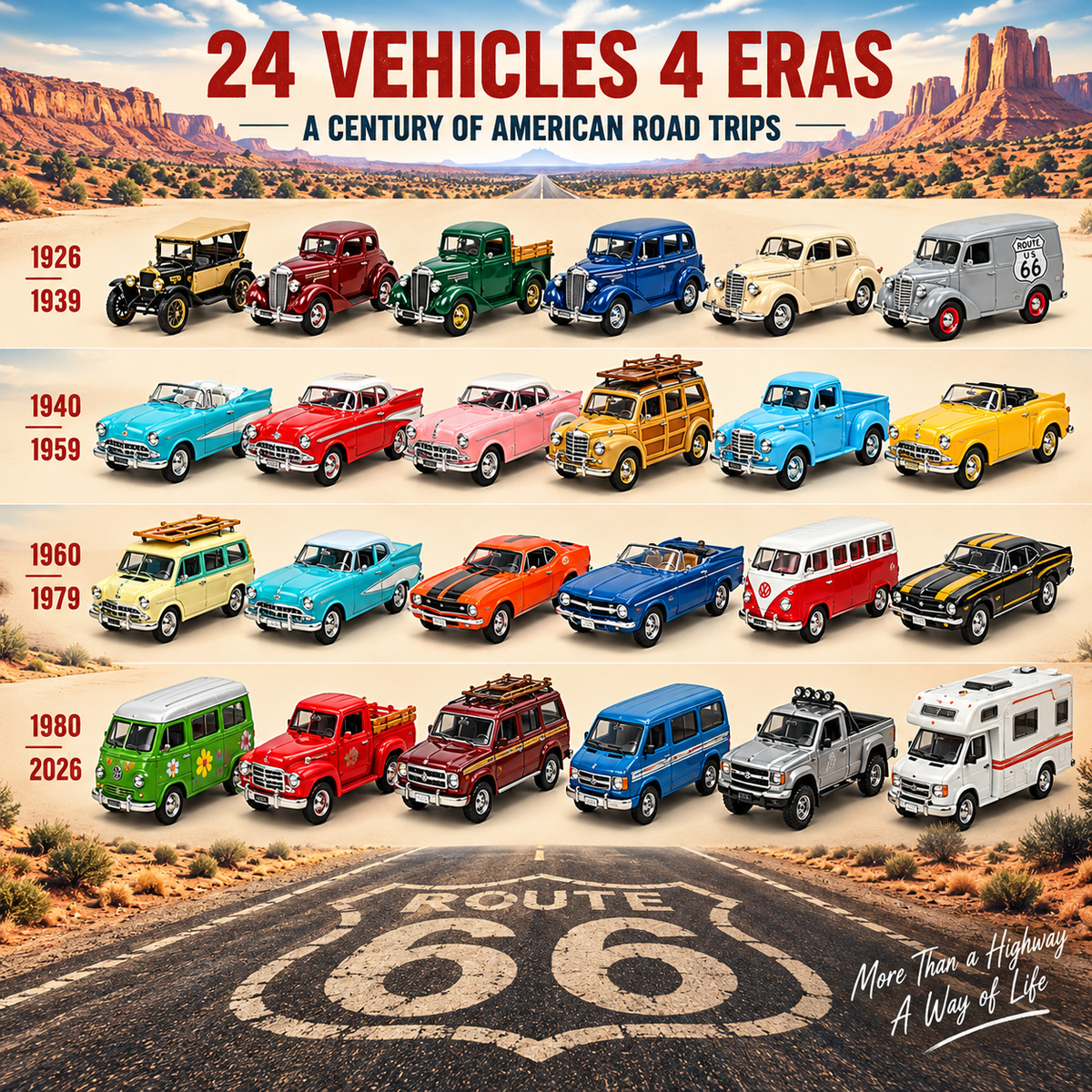 🏜️ Route 66 Centennial 1926–2026 – 24 Classic Cars, 100 Years of American Road Trips!