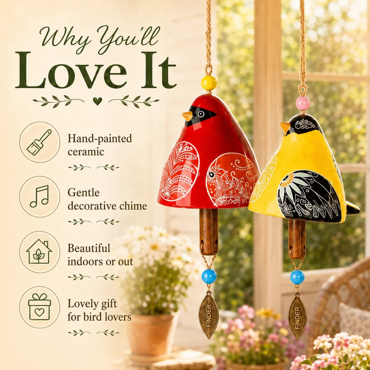 🎁LAST DAY SALE 50% OFF - Hand-Painted Resin Bird Wind Chime, Colorful Folk Art Garden Hanging Decor