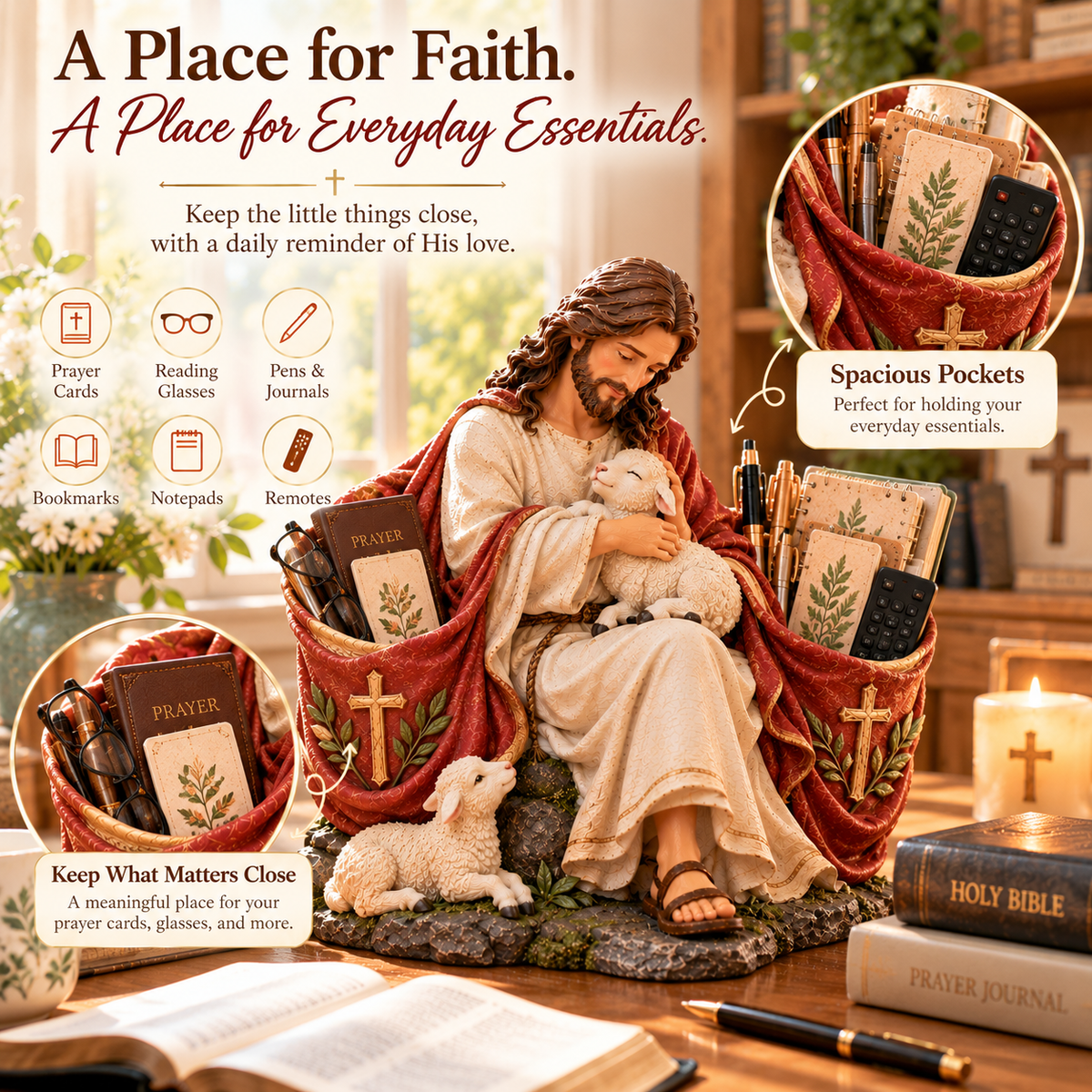 ✝️ The Good Shepherd Jesus Figurine – A Symbol of Faith & Love ❤️| Christian Home Decor & Practical Organizer