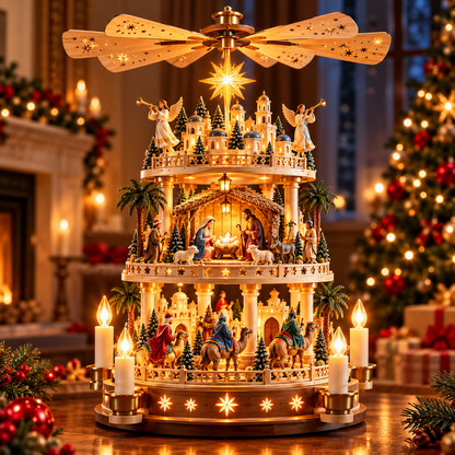 ✨ Rotating Nativity Christmas Pyramid – 3-Tier Lighted Jesus Birth Scene, A Meaningful Christian Christmas Gift 🎄