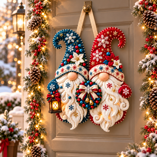 Snowflake Gnome Duo Door Hanger – Red & Blue Christmas Welcome Decor with Lantern
