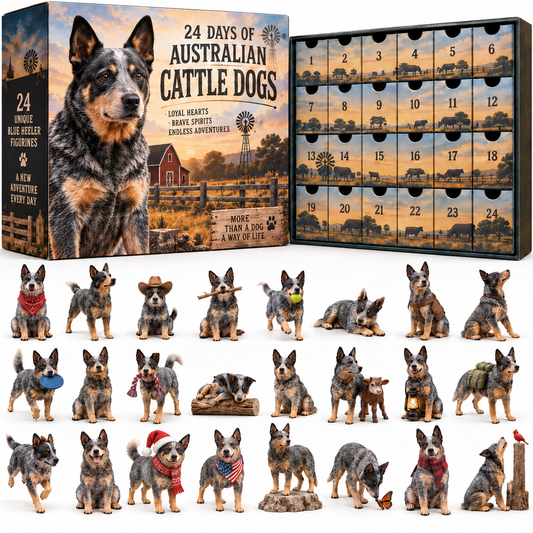 🐾 24 Days of Blue Heelers Advent Calendar – 24 Unique Australian Cattle Dog Figurines, Christmas Gift for Blue Heeler Lovers