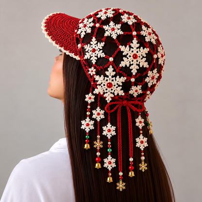 ❄️ Ready to Sparkle This Christmas? 🎄 2026 Christmas Snowflake Crochet Hat – Festive Red & White Floral Lace Cap with Beaded Tassels & Bells