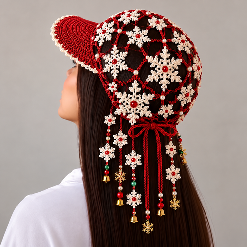 ❄️ Ready to Sparkle This Christmas? 🎄 2026 Christmas Snowflake Crochet Hat – Festive Red & White Floral Lace Cap with Beaded Tassels & Bells
