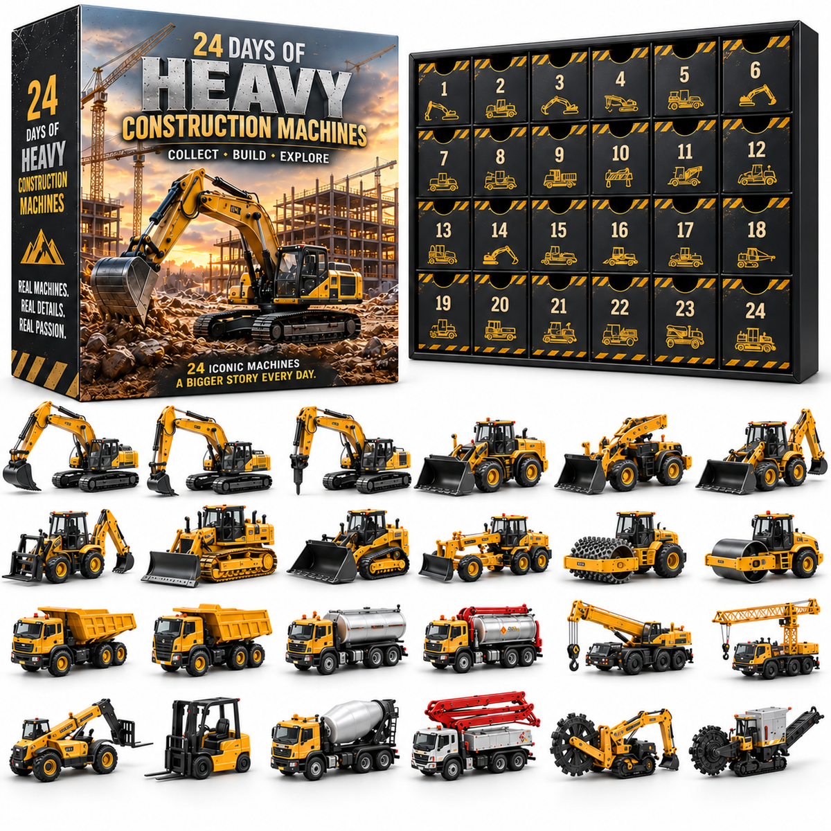 🚜 24 Days of Heavy Construction Machines Advent Calendar – 24 Realistic Construction Vehicle Collectibles, Christmas Gift for Equipment Lovers