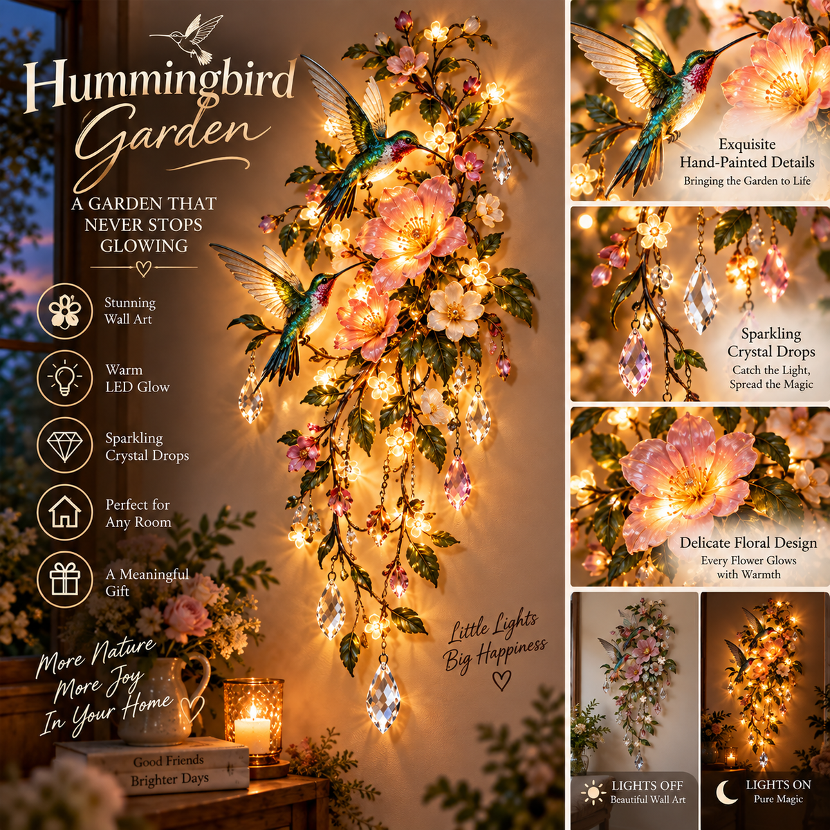 🐦🌸Hummingbird Garden – Illuminated Floral & Crystal Wall Art