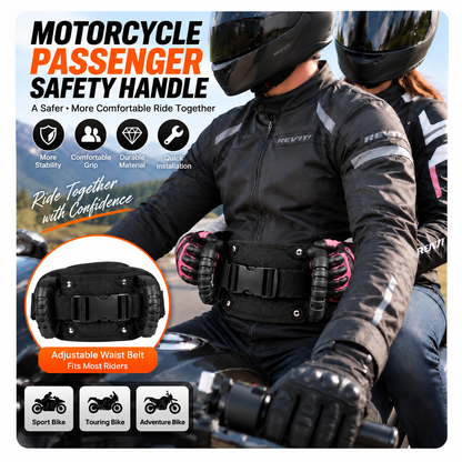 Motorcycle Passenger Grab Handle Belt – Adjustable Waist Belt with Dual Grip Handles for Two-Up Riding