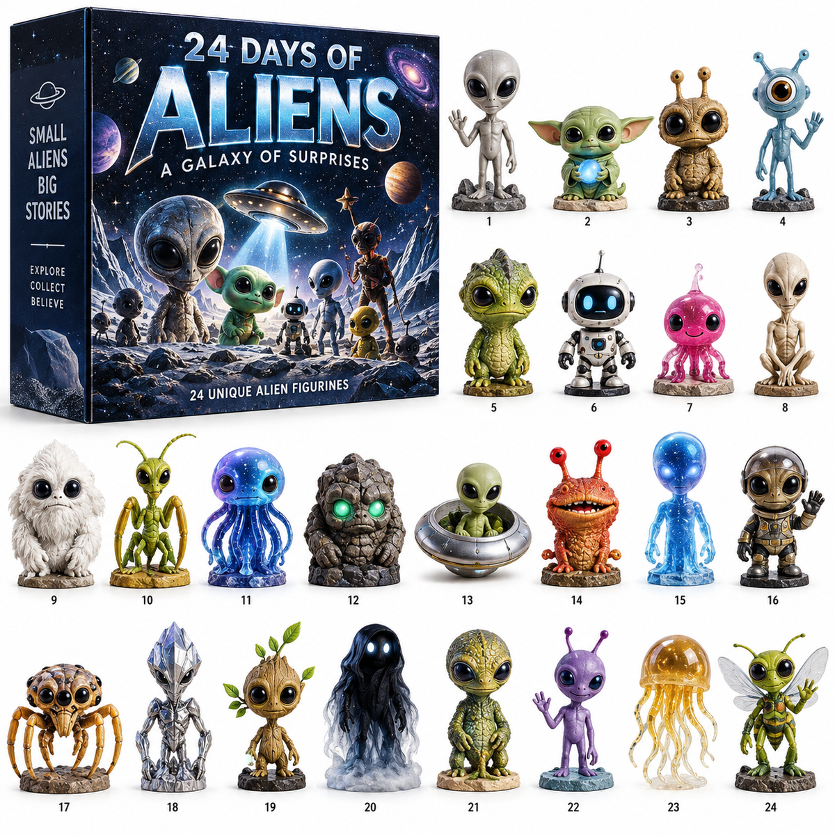 👽 24 Days of Alien Encounters Advent Calendar – 24 Unique Alien Figurines, Mystery Space Collectibles & Sci-Fi Gift