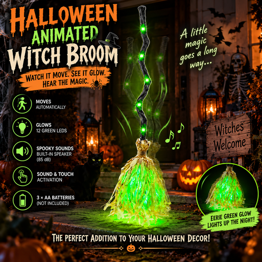 🎃 Animated Witch’s Broom with Glowing Green Lights & Spooky Sounds – Bring Halloween Magic to Life! 👻