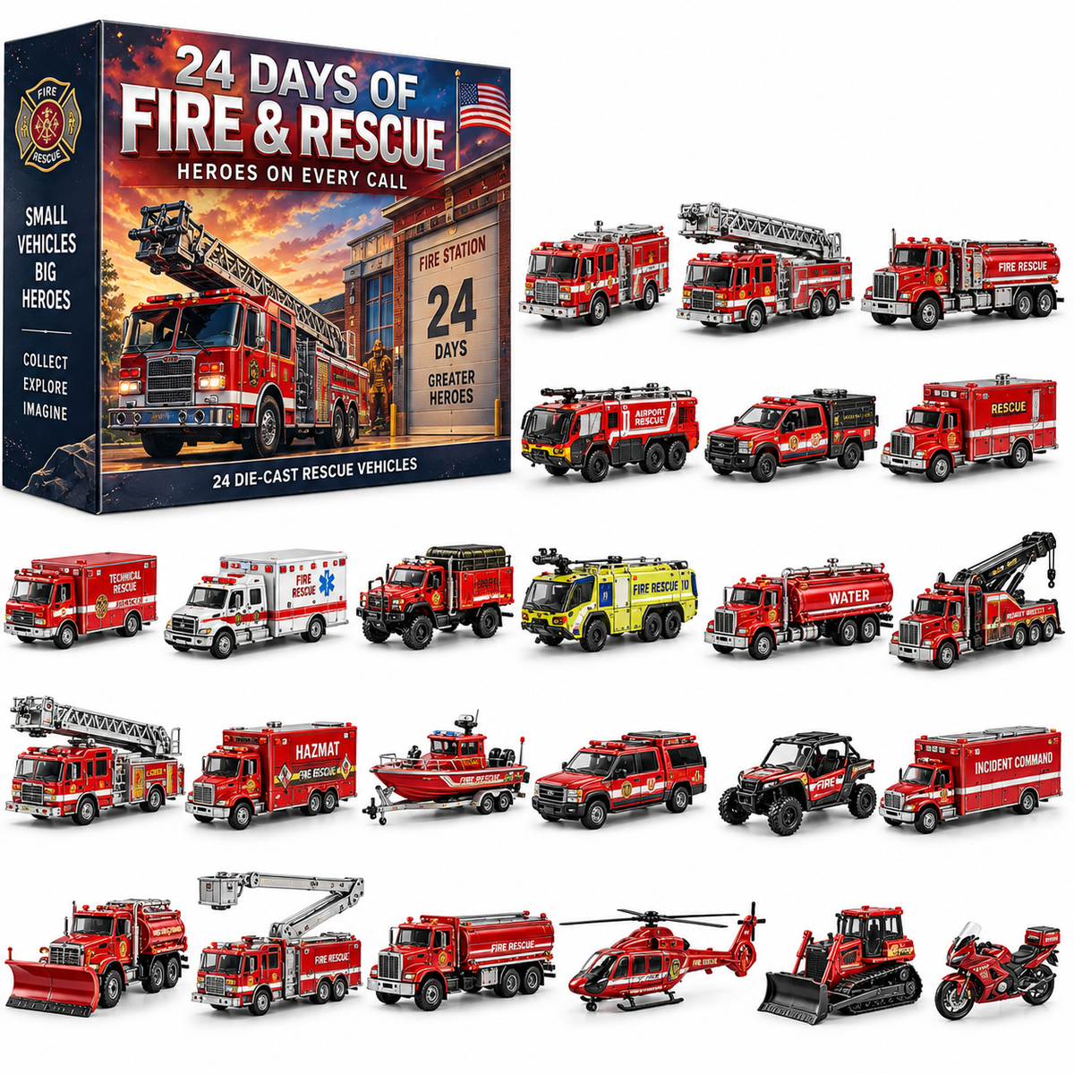 🚒 24 Days of Fire & Rescue – 24 Realistic Emergency Vehicles, Fire Trucks, Ladder Trucks & Rescue Collectibles