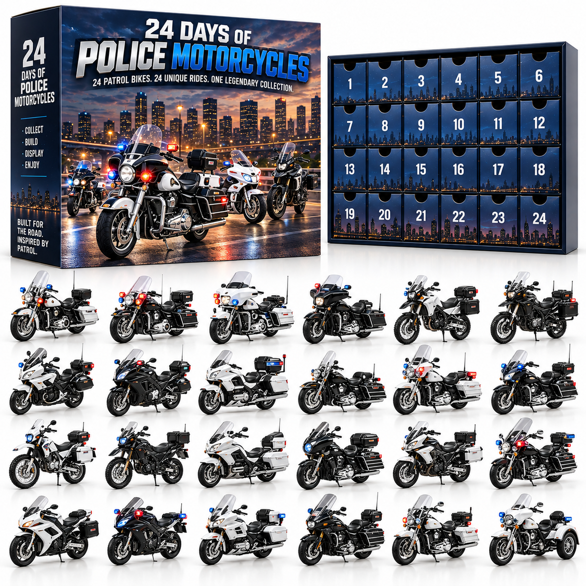 🏍️ 24 Days of Police Motorcycles Advent Calendar – 24 Realistic American Patrol Bike Collectibles, Christmas Gift for Motorcycle Lovers