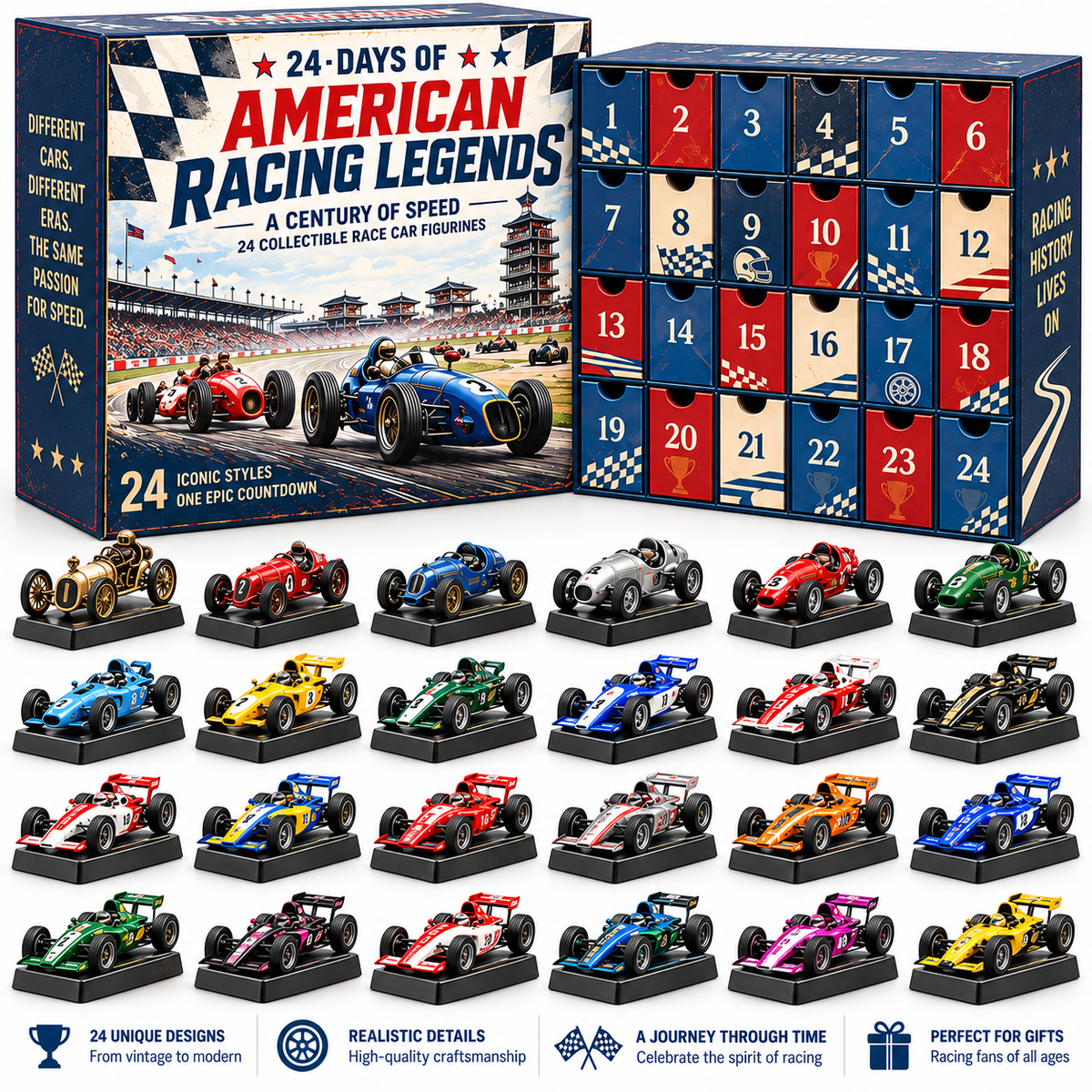 🏎️24 Days of American Racing Legends Advent Calendar – 24 Vintage to Modern Race Car Collectibles