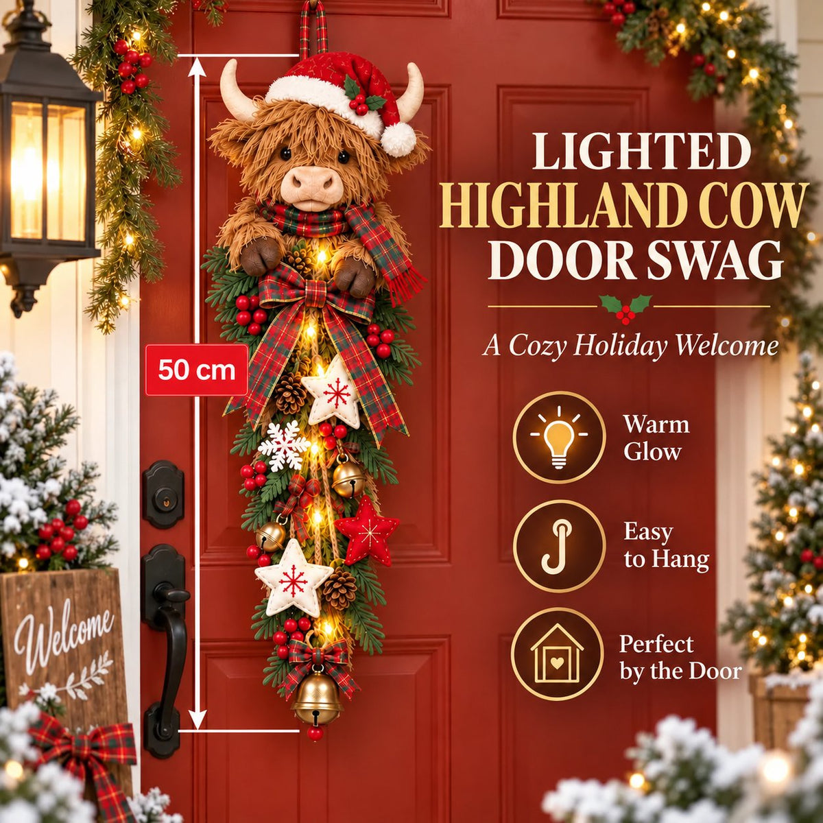 🎄 Lighted Highland Cow Christmas Door Swag – A Cozy Holiday Welcome