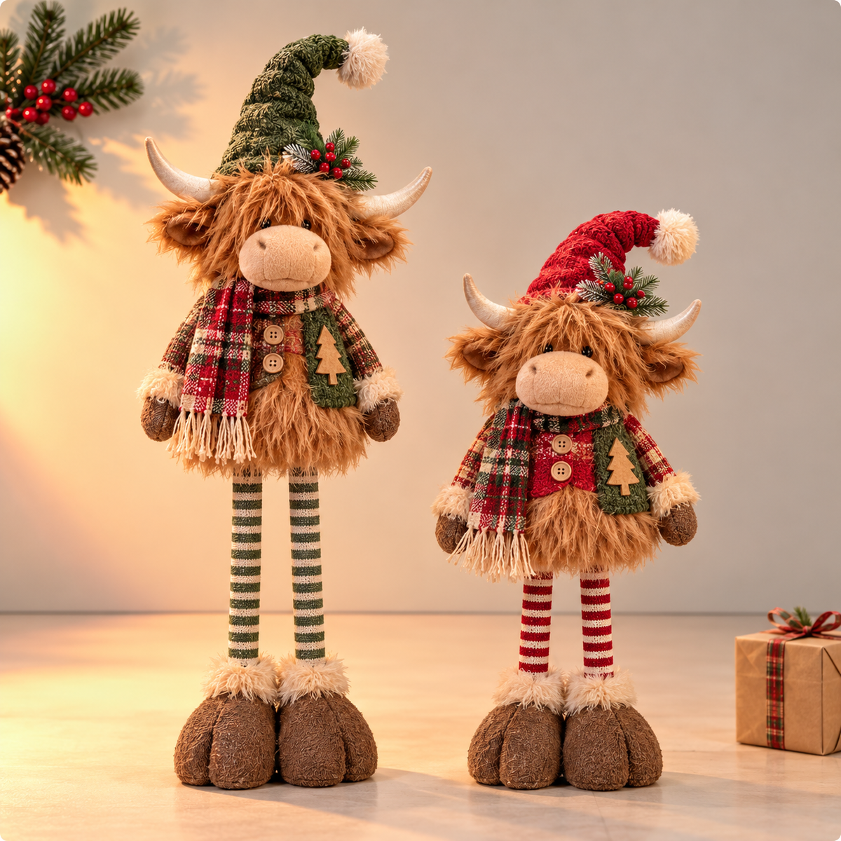 🎄 Highland Cow Christmas Plush Decor – Adjustable Long Legs, Adorable Farmhouse Holiday Decoration 🐮