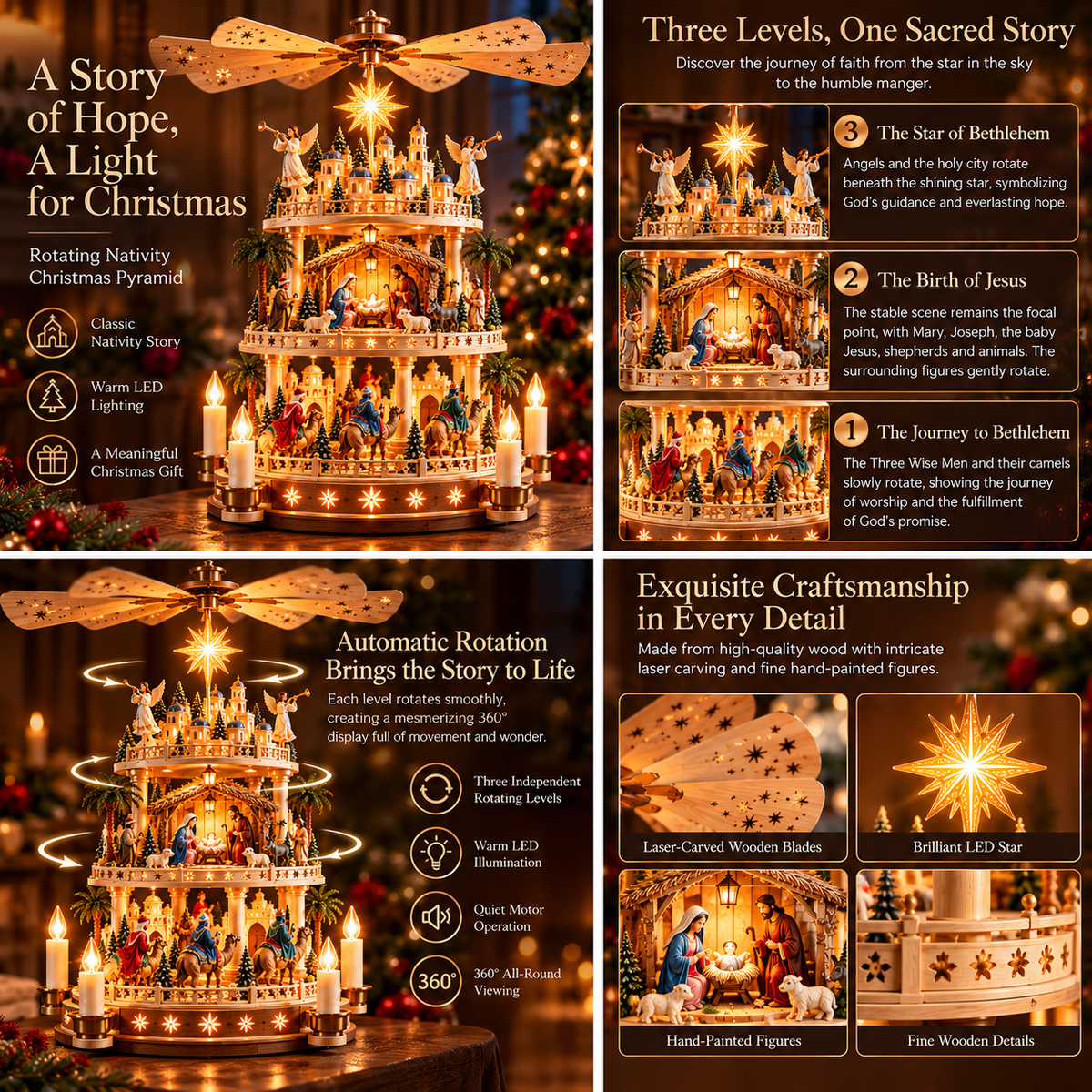 ✨ Rotating Nativity Christmas Pyramid – 3-Tier Lighted Jesus Birth Scene, A Meaningful Christian Christmas Gift 🎄