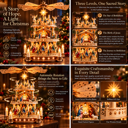 ✨ Rotating Nativity Christmas Pyramid – 3-Tier Lighted Jesus Birth Scene, A Meaningful Christian Christmas Gift 🎄
