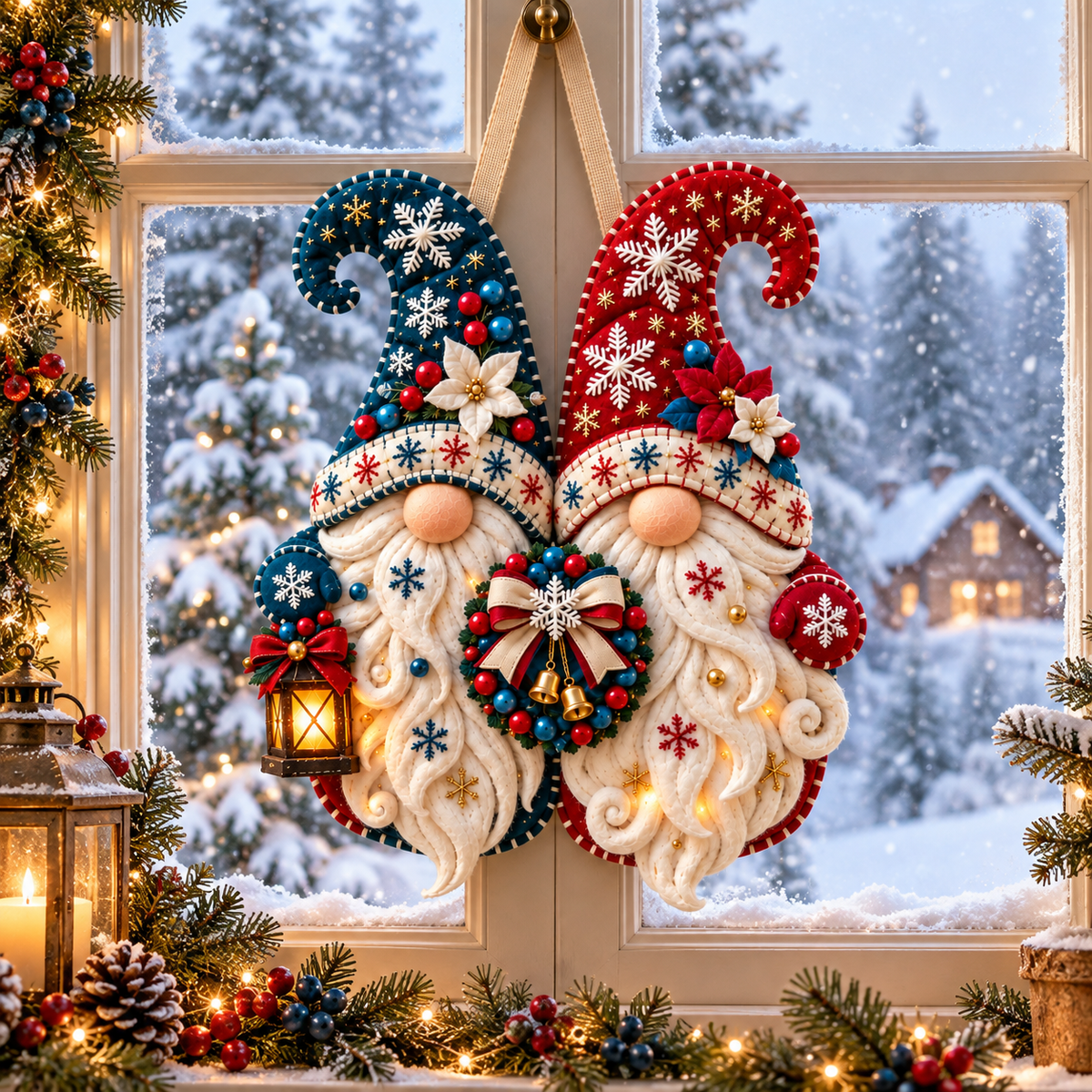 Snowflake Gnome Duo Door Hanger – Red & Blue Christmas Welcome Decor with Lantern
