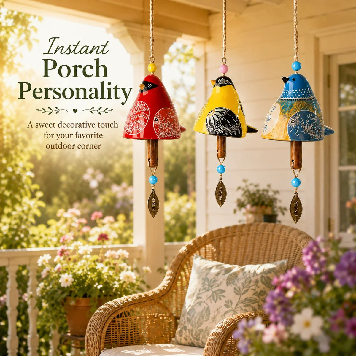 🎁LAST DAY SALE 50% OFF - Hand-Painted Resin Bird Wind Chime, Colorful Folk Art Garden Hanging Decor