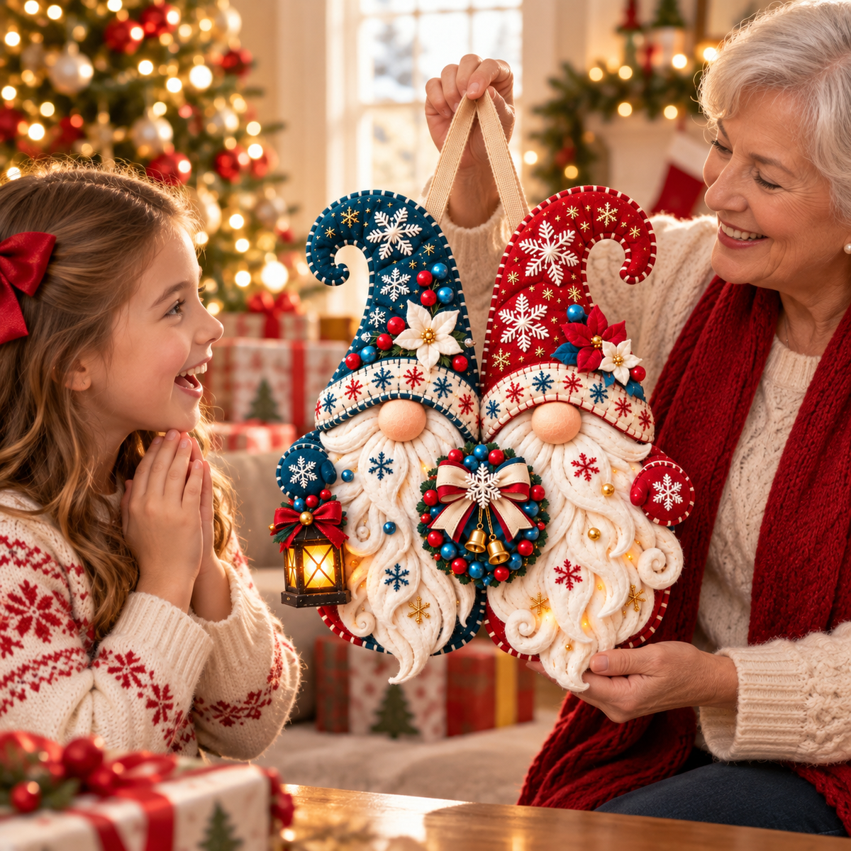 Snowflake Gnome Duo Door Hanger – Red & Blue Christmas Welcome Decor with Lantern