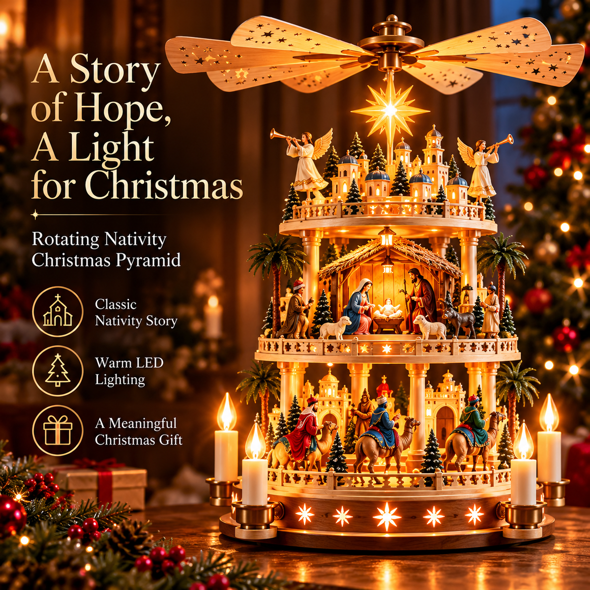 ✨ Rotating Nativity Christmas Pyramid – 3-Tier Lighted Jesus Birth Scene, A Meaningful Christian Christmas Gift 🎄