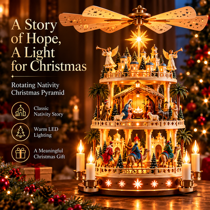 ✨ Rotating Nativity Christmas Pyramid – 3-Tier Lighted Jesus Birth Scene, A Meaningful Christian Christmas Gift 🎄