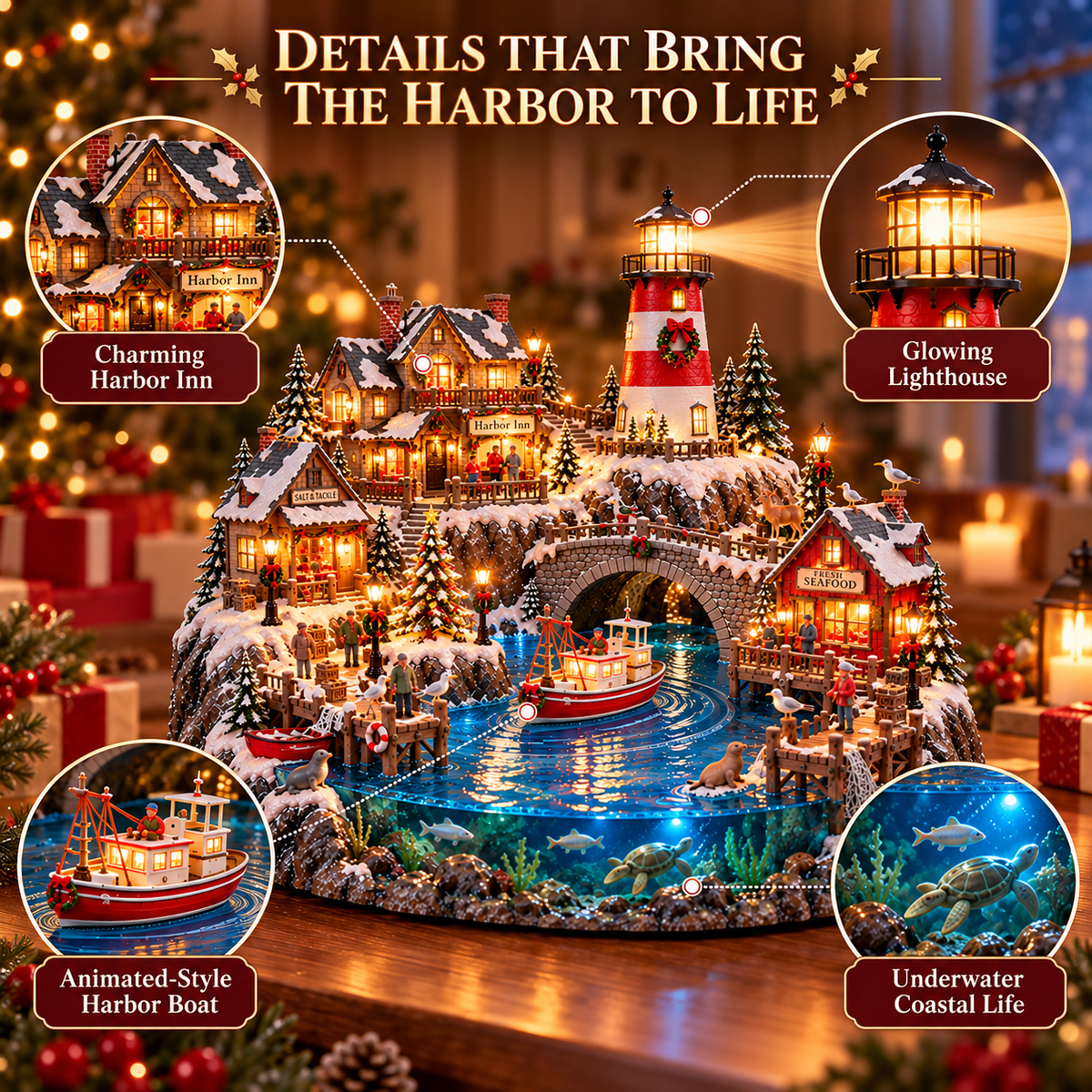 🔥 LAST DAY 50% OFF 🔥🎄 Christmas by the Sea™ – Lighted Harbor Village with Lighthouse & Fishing Boat ✨
