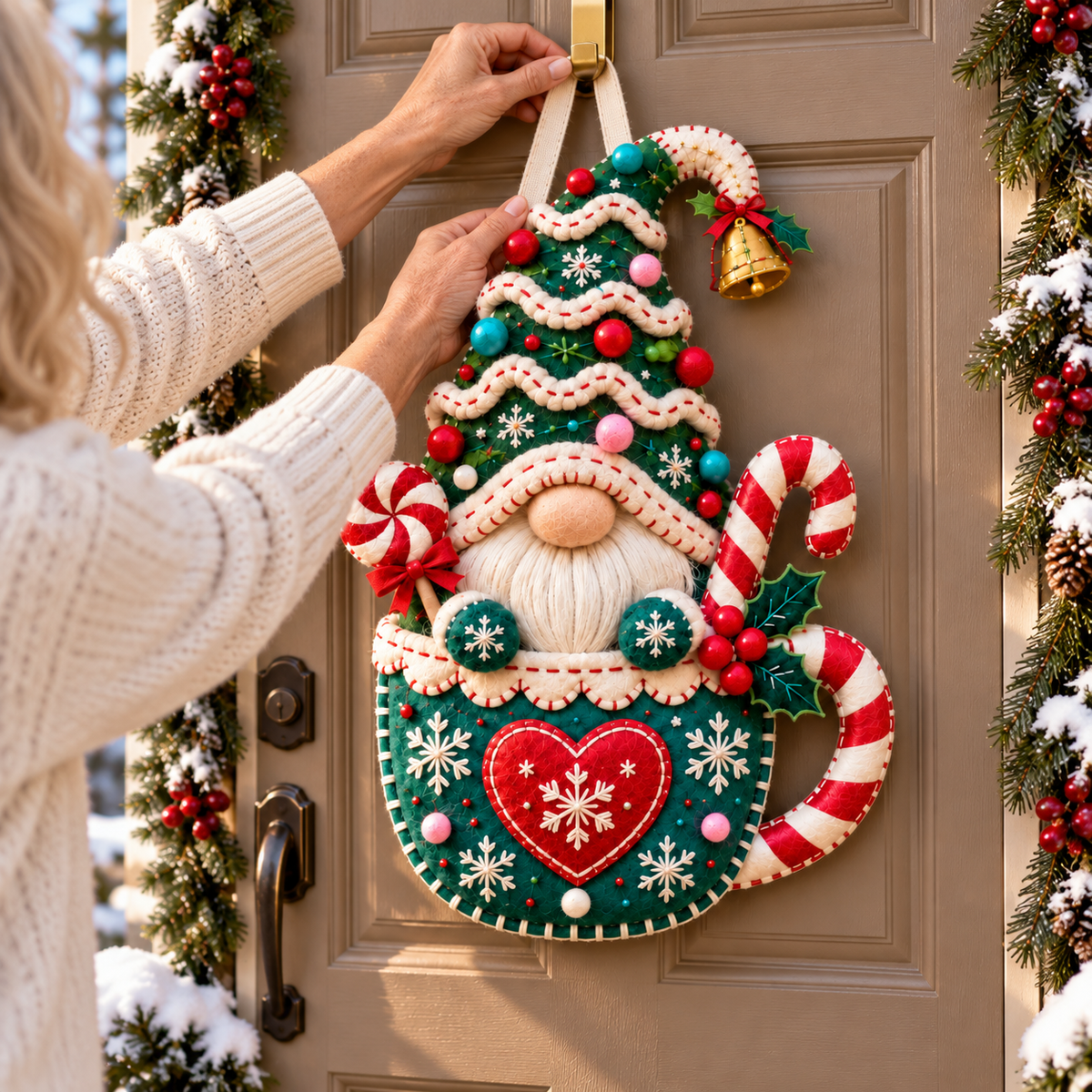 Cozy Gnome Christmas Door Hanger – Handcrafted Candy Cane & Holiday Tree Welcome Decor