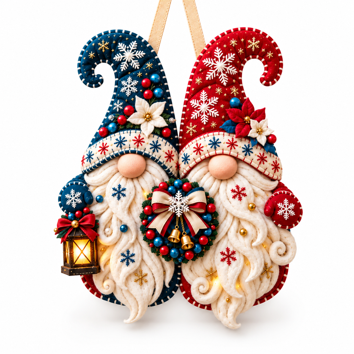 Snowflake Gnome Duo Door Hanger – Red & Blue Christmas Welcome Decor with Lantern