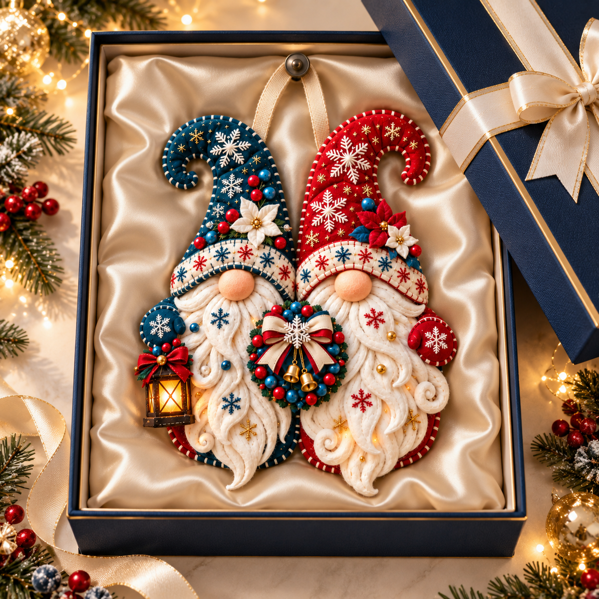 Snowflake Gnome Duo Door Hanger – Red & Blue Christmas Welcome Decor with Lantern