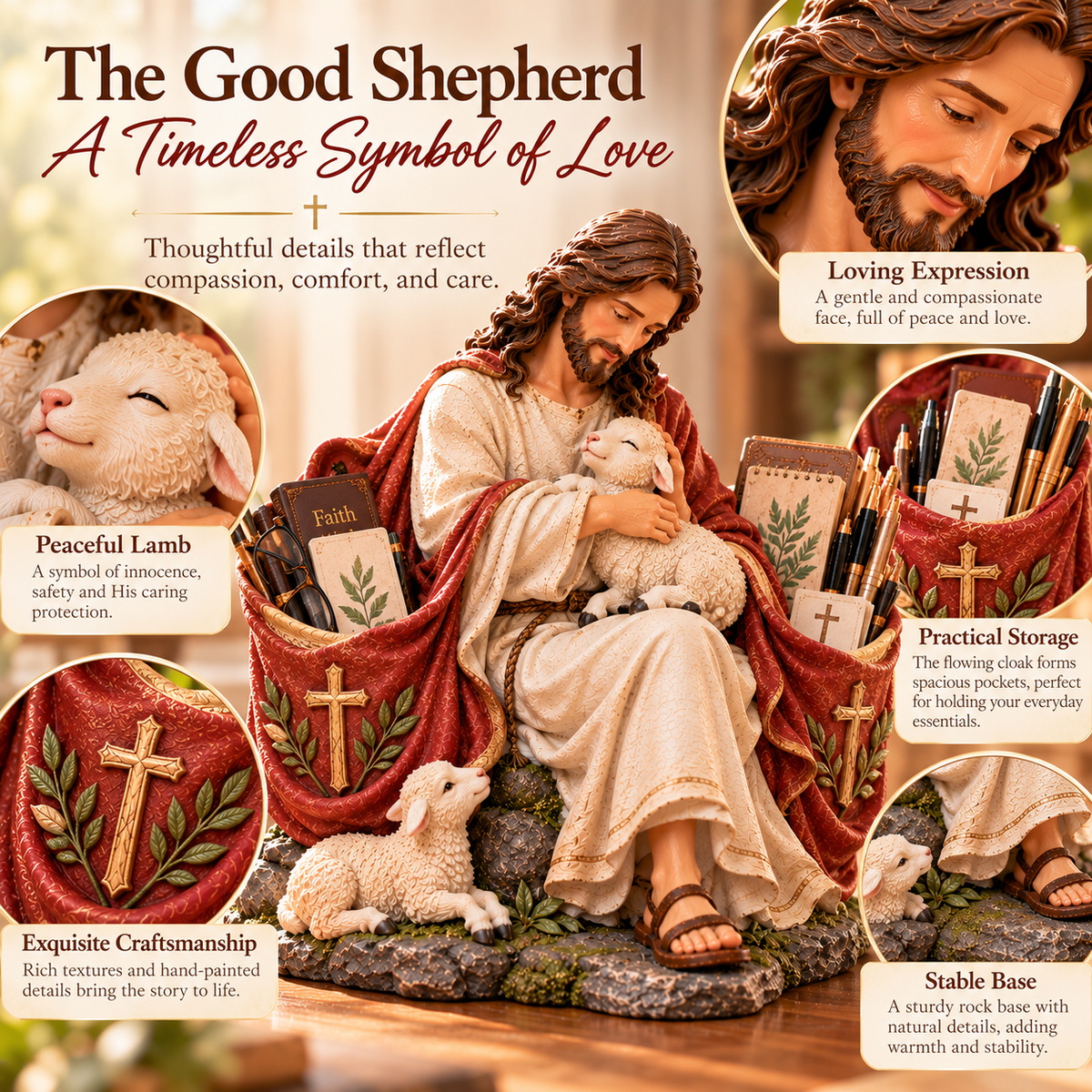 ✝️ The Good Shepherd Jesus Figurine – A Symbol of Faith & Love ❤️| Christian Home Decor & Practical Organizer
