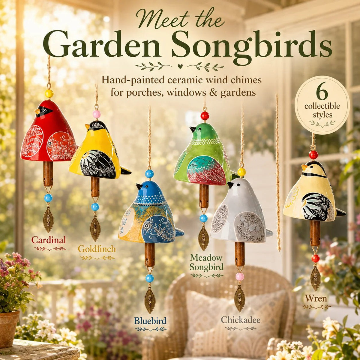 🎁LAST DAY SALE 50% OFF - Hand-Painted Resin Bird Wind Chime, Colorful Folk Art Garden Hanging Decor